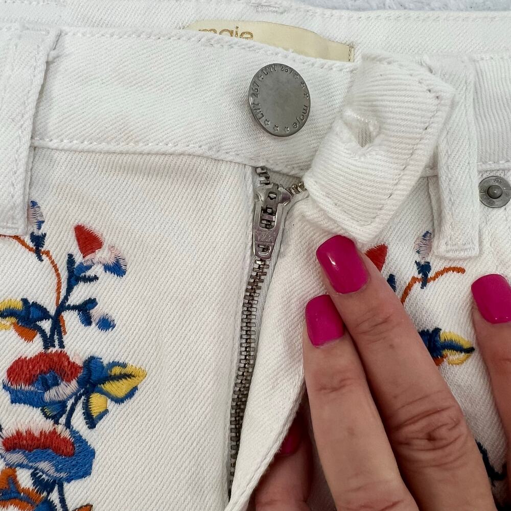 Maje Embroidered Floral Straight Leg Denim Jeans White Blue Size 36 Boho Retro - Picture 10 of 15